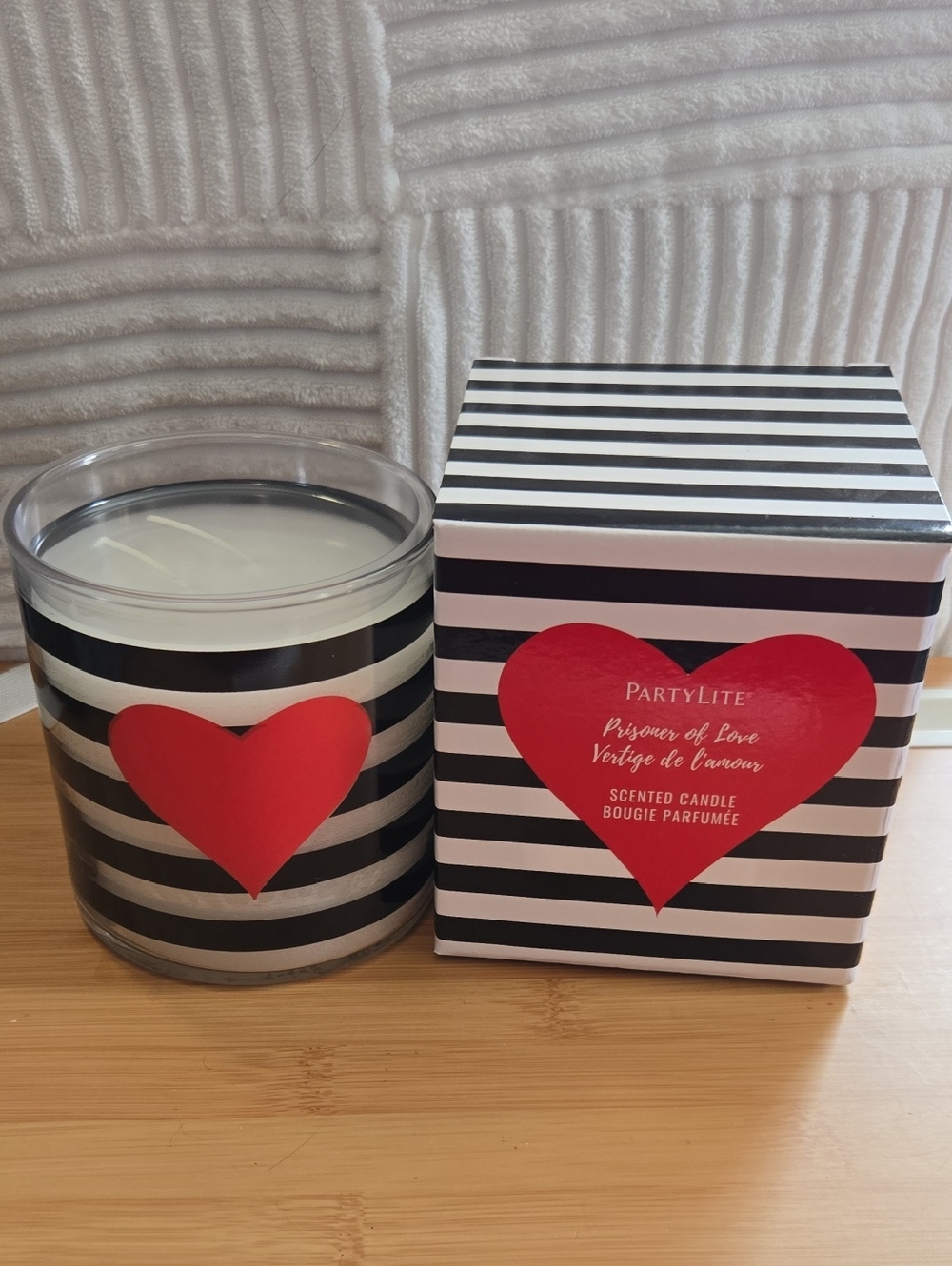 PartyLite Black and White Striped Heart 2 Wick Jar Candle.